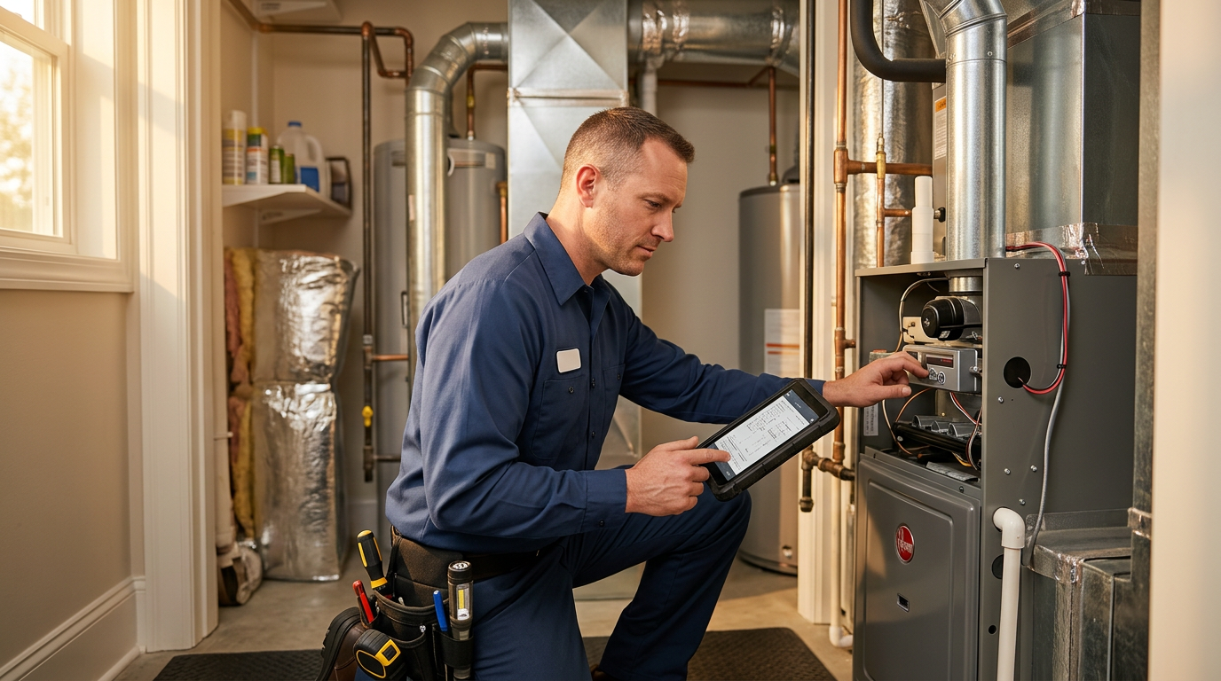 HVAC technician surveying a home